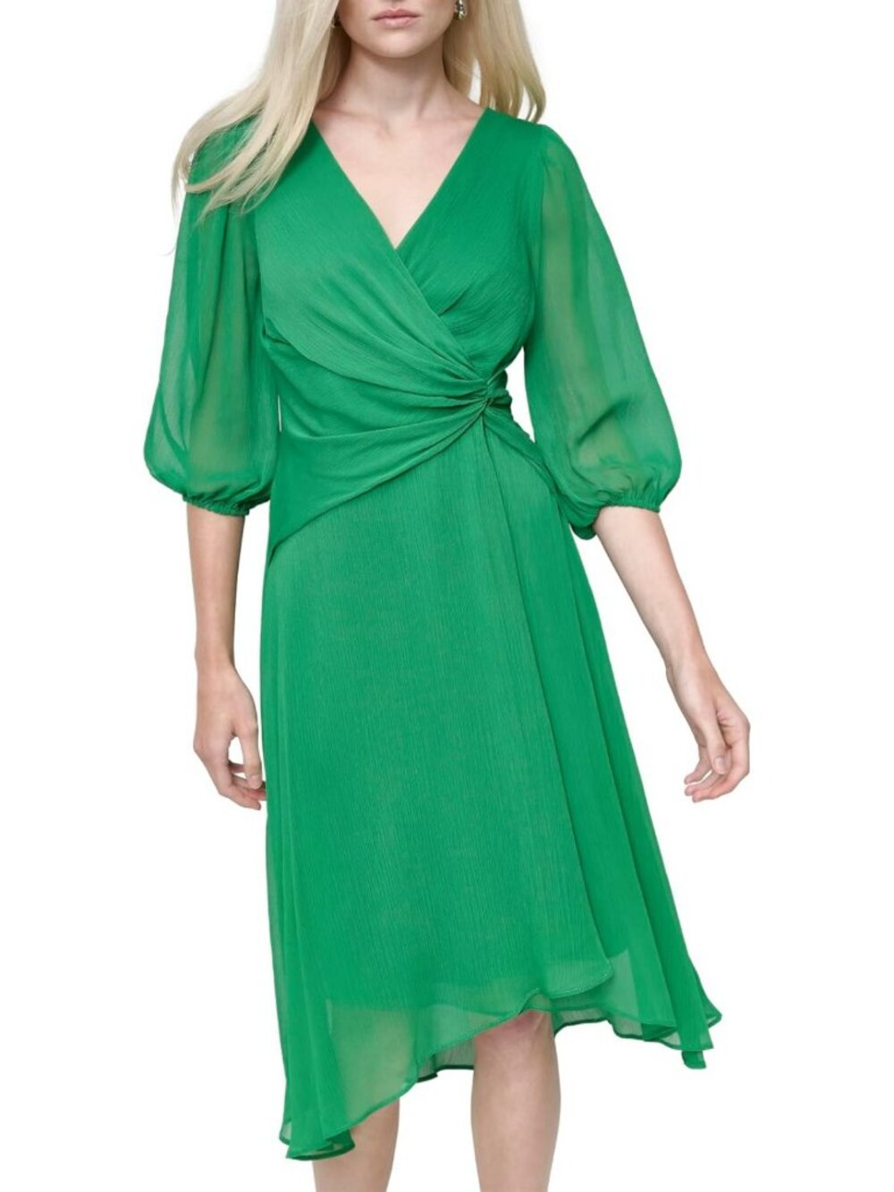 Chic 3/4 Balloon Sleeve Twist Front Chiffon Midi Dress for Women - Perfect for